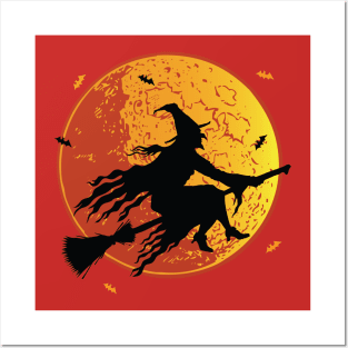 Moon Witch Flying Halloween Design Posters and Art